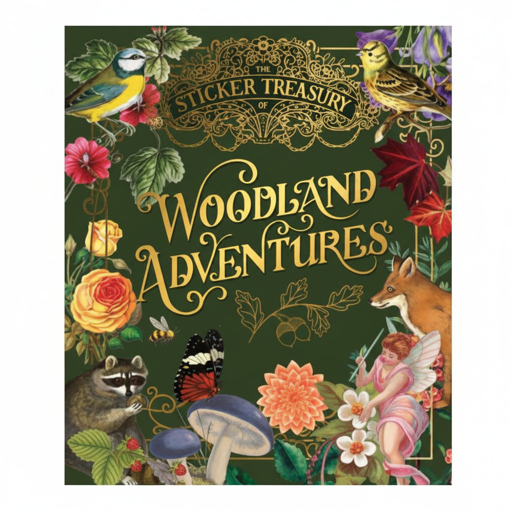 Cover of 'Woodland Adventures' sticker book with nature-themed illustrations and text.