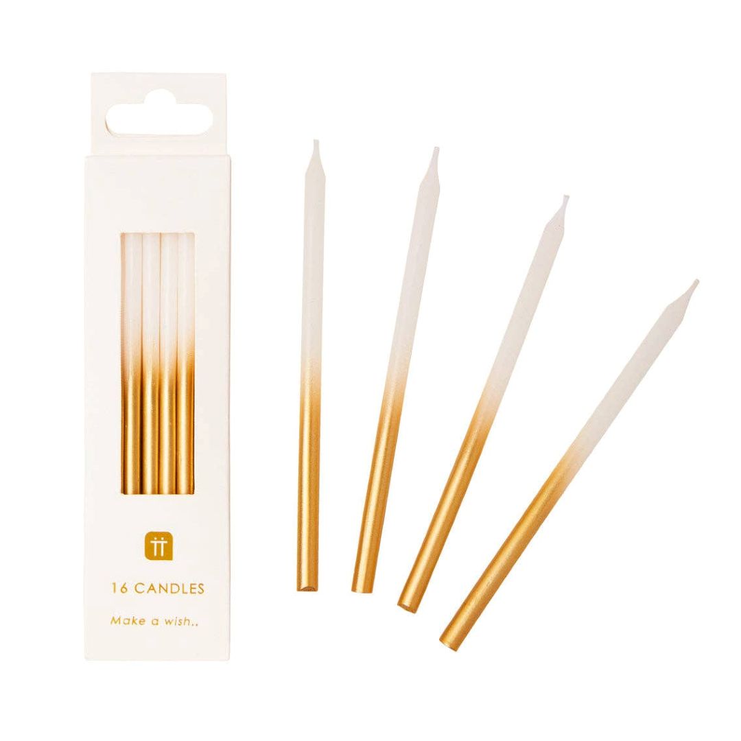 Talking Tables | Gold and white gradient candles with packaging on a white background