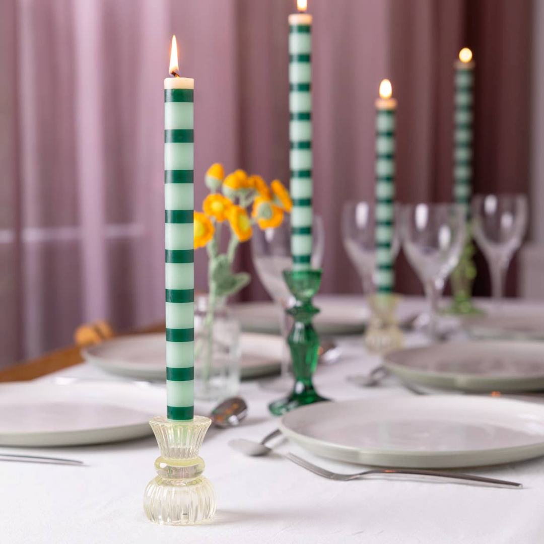 Talking Tables | Green Stripe Taper Candles | On a simple table settings.