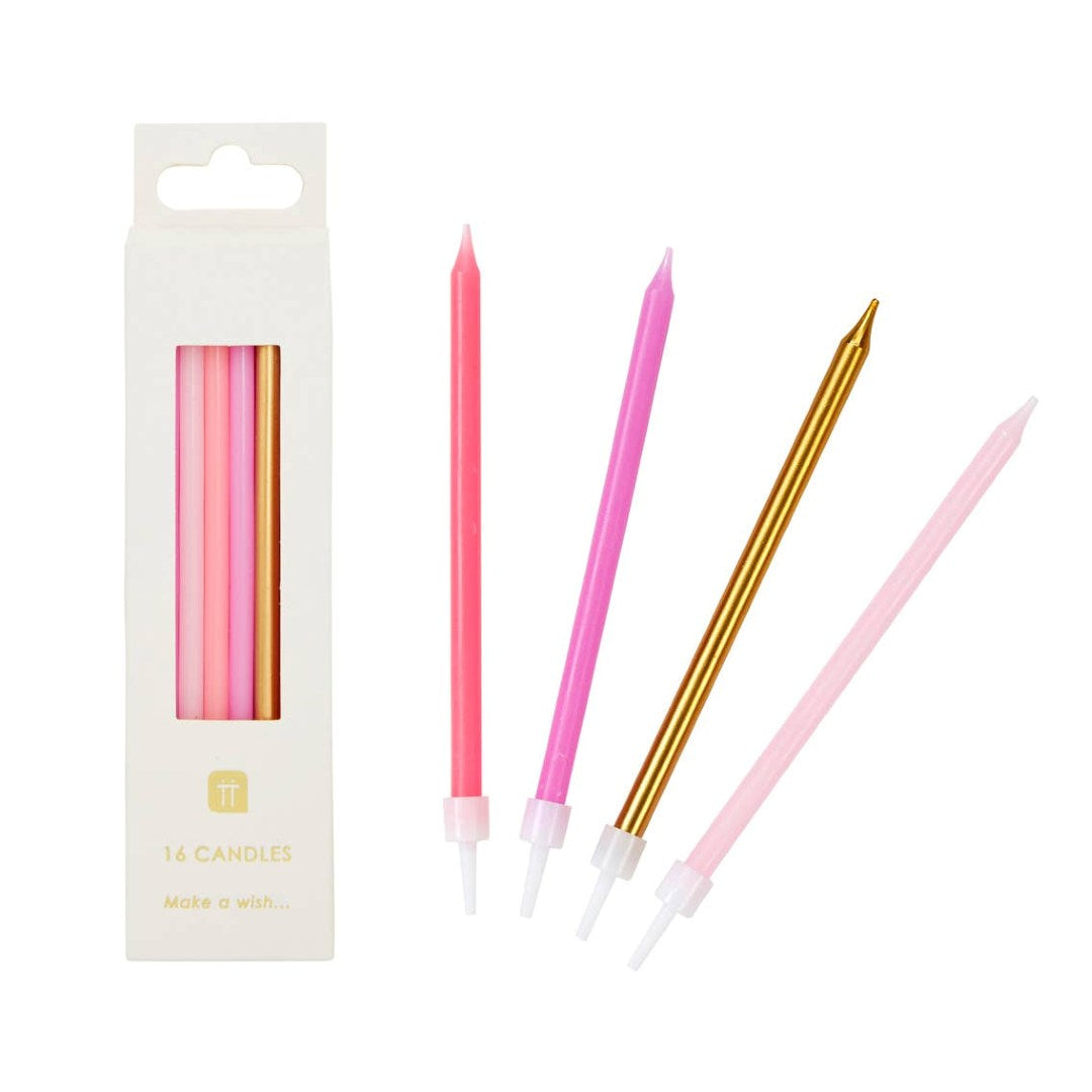 Talking Tables | Pink and gold candles - set of 16 | Set of pink and gold candles with packaging on a white background