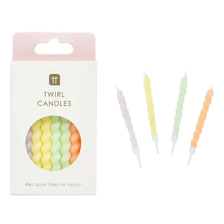 Talking Tables | 8 pack | Packaging of Twirl Candles with colorful candles on a white background 