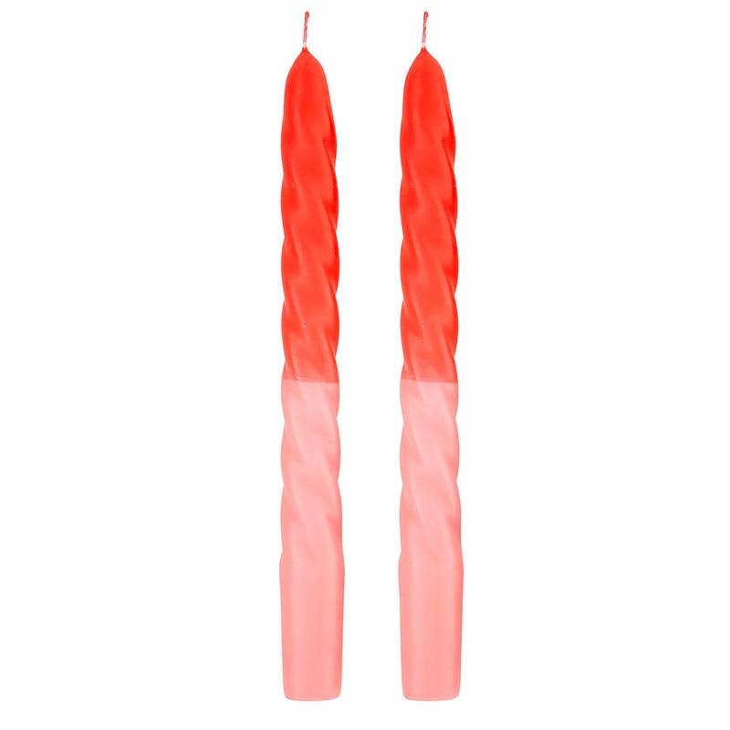 Red and pink twist taper candles, 2 included.