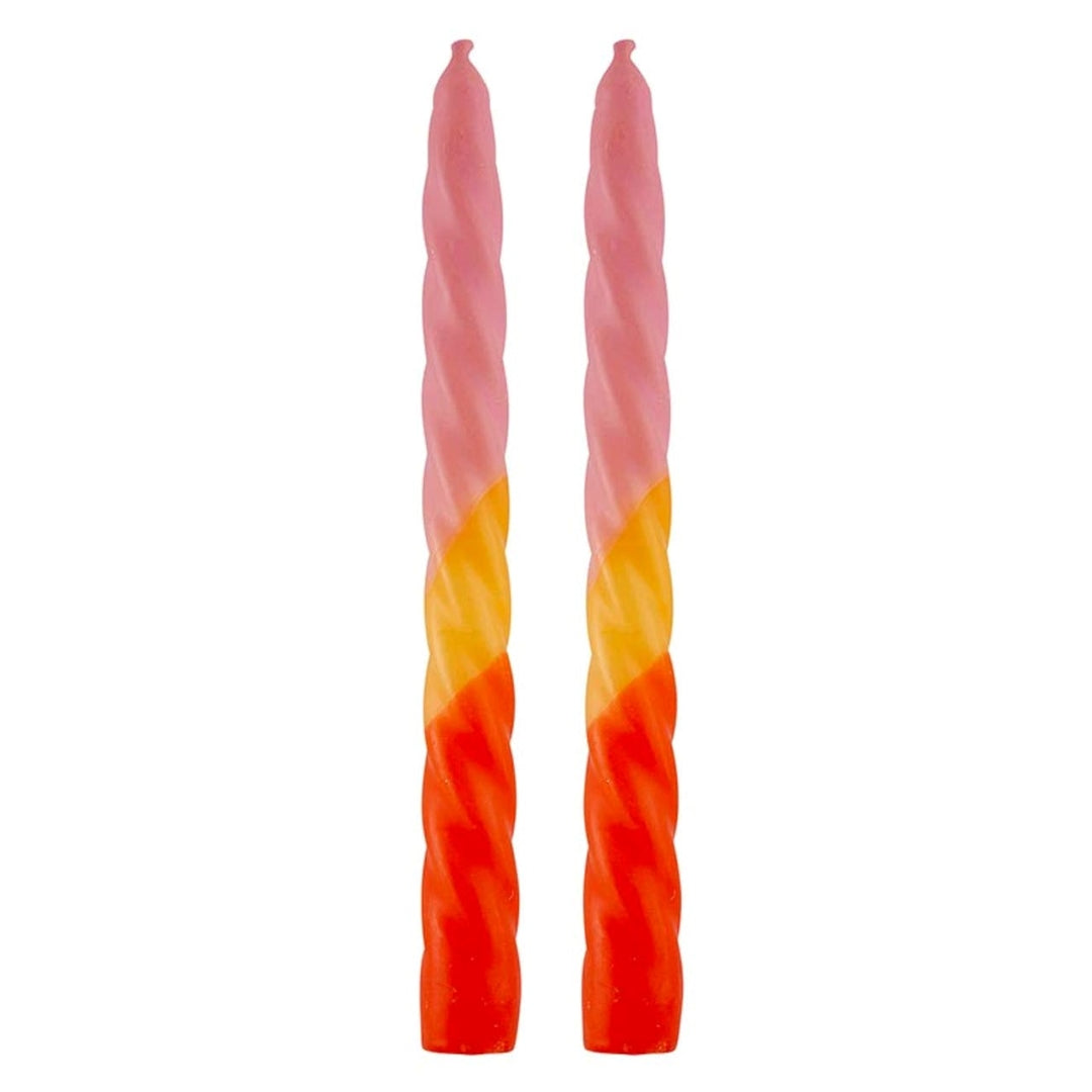 Slant | Taper Spiral Candle | Pink, yellow, and red.