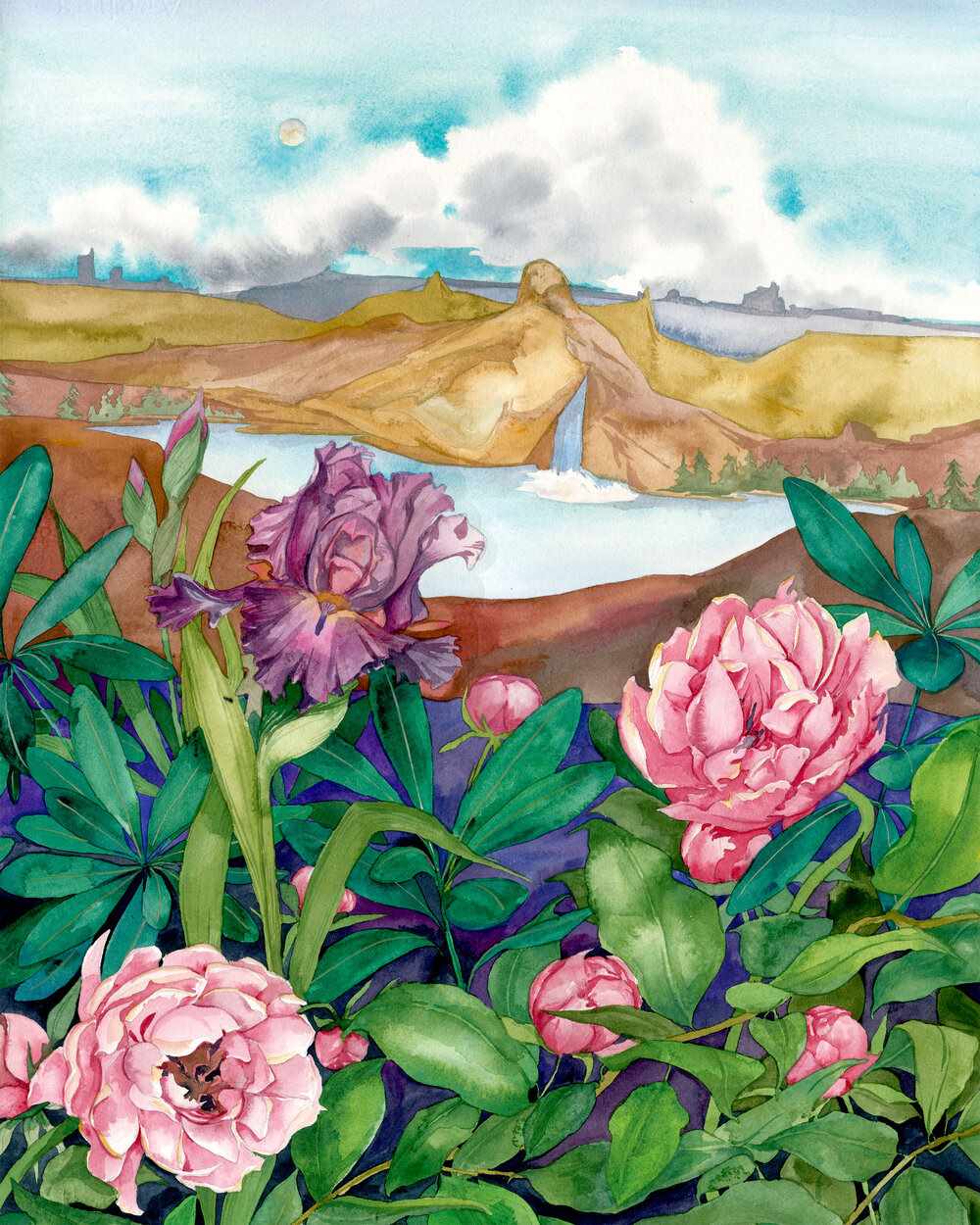 Andrea Durfee | Watercolor illustration | Taurus| Peonies against and mountainous landscape with a waterfall.