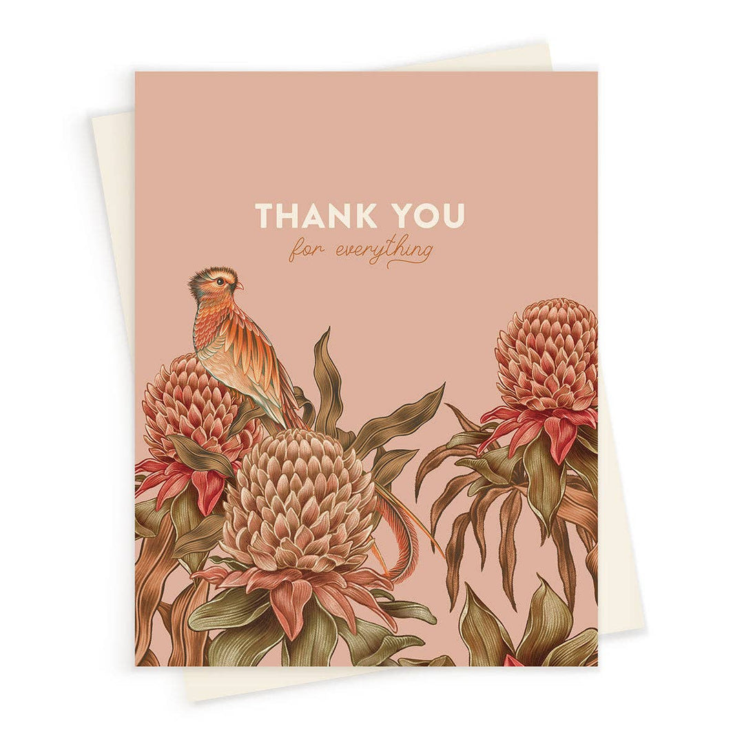 Greeting card with floral design and 'Thank you for everything' text on a pink background