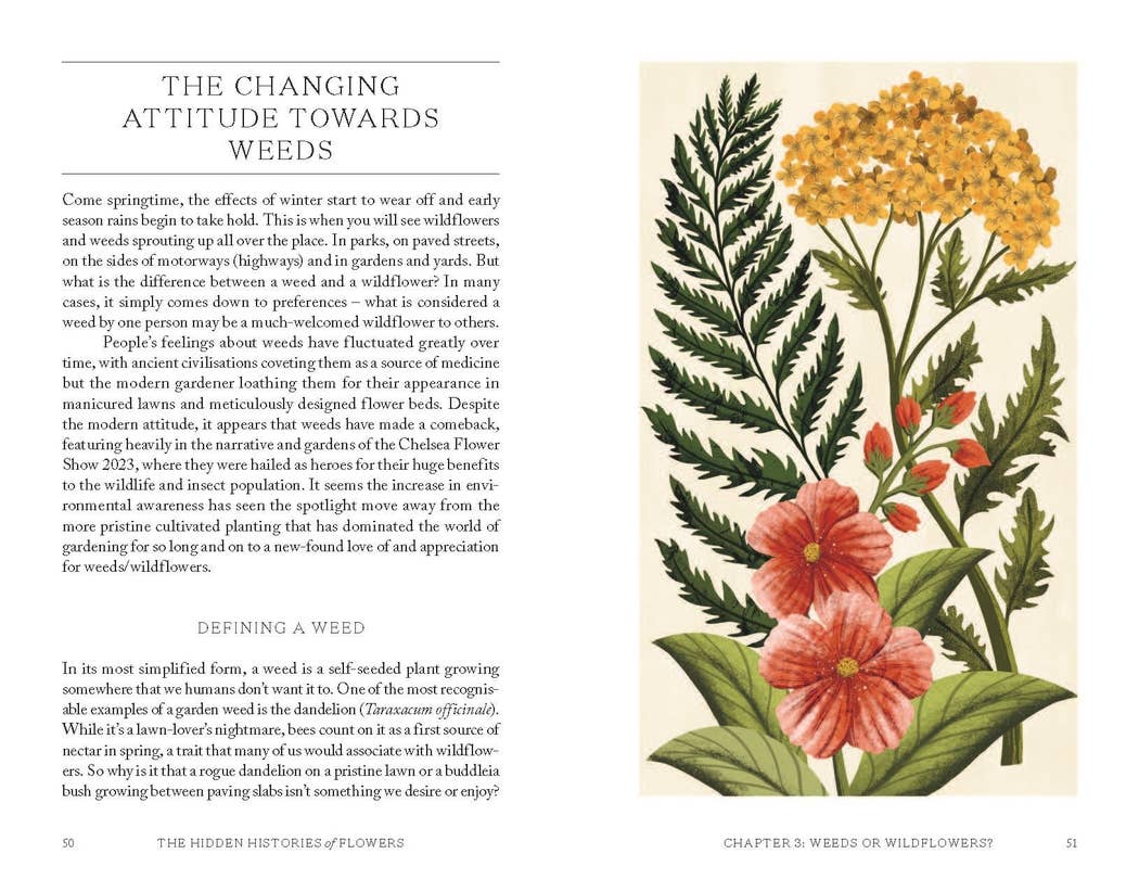 Book page with text and illustrations of flowers on a white background