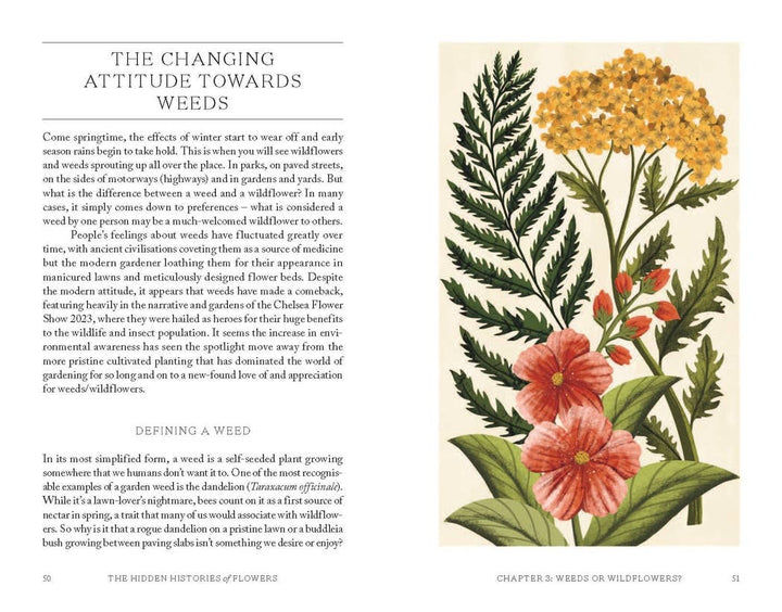 Book page with text and illustrations of flowers on a white background