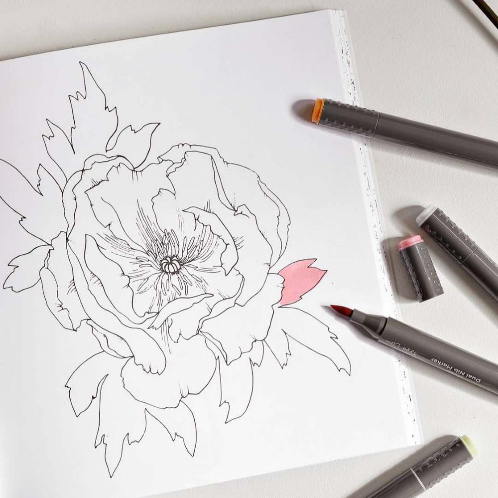 Paige Tate & Co. | The Plant Lady | Adult Coloring Book | A white page with and outlined peony and colorful markers.