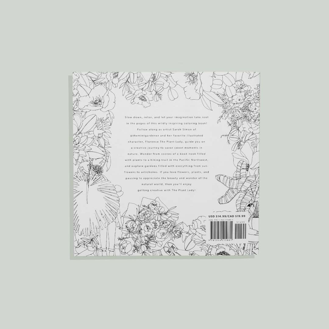 Paige Tate & Co. | The Plant Lady | Adult Coloring Book | White back with black lined flowers and plants.