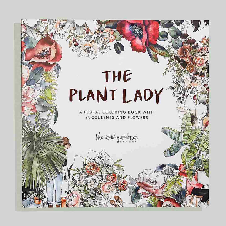 Paige Tate & Co. | The Plant Lady | Adult Coloring Book | A white book with colorfully colored flowers and plants.