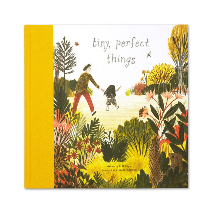 Compendium | Tiny Perfect Things | A yellow and green book, traditionally illustrated with markers, colored pencils, and crayons.