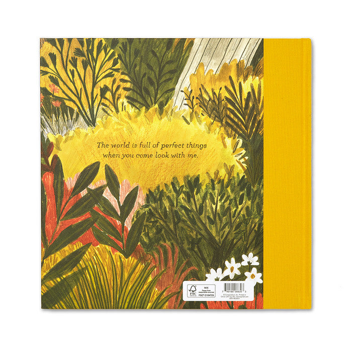 Compendium | Tiny Perfect Things | Backside of the book is illustrated greenery. Text reads "The world is full of perfect things when you come look with me.