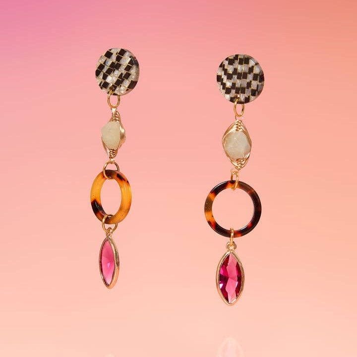Tribe + Temple | Dangling earrings with a checkered circle.