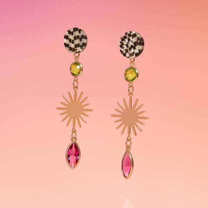 Tribe + Temple | Dangle Earrings with a sun and checkered piece.