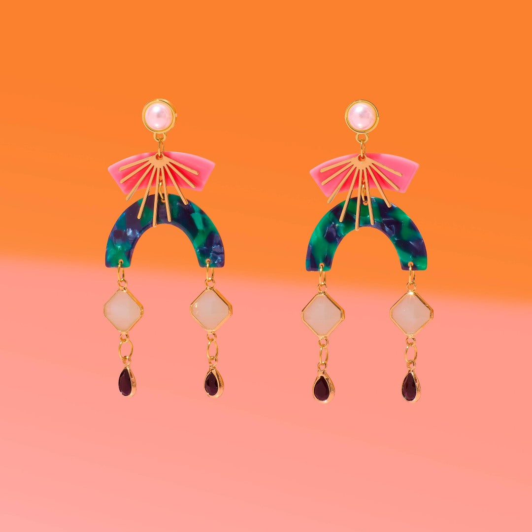 Tribe + Temple | Dangling arch earrings with pink, green, blue, and gold.