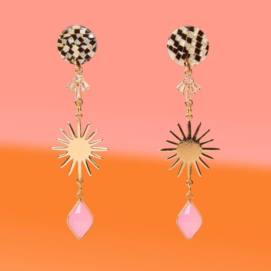 Tribe + Temple | Dangling Earrings with a sun, pink drop, and checkered top.