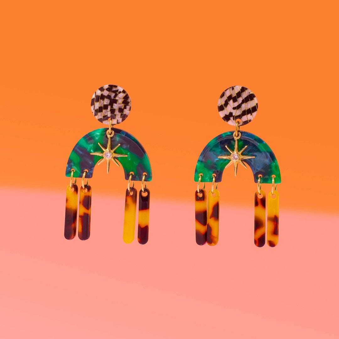 Tribe + Temple | Deco Star Earrings | green, blue, and turtle shell patterned earrings with a checkered stud.