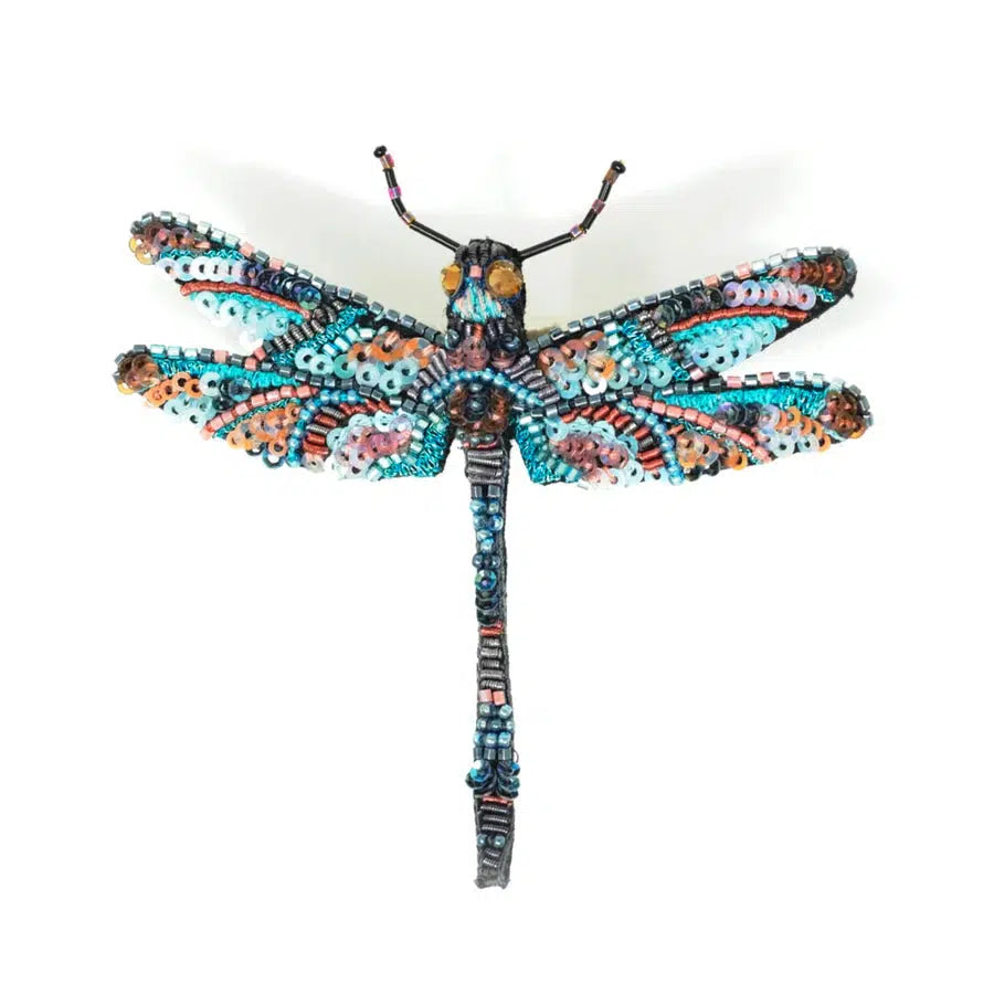 Jeweled Dragonfly Brooch | Trovelore | Blue, pink, and gray dragonfly brooch. Hand embroidered and beaded.