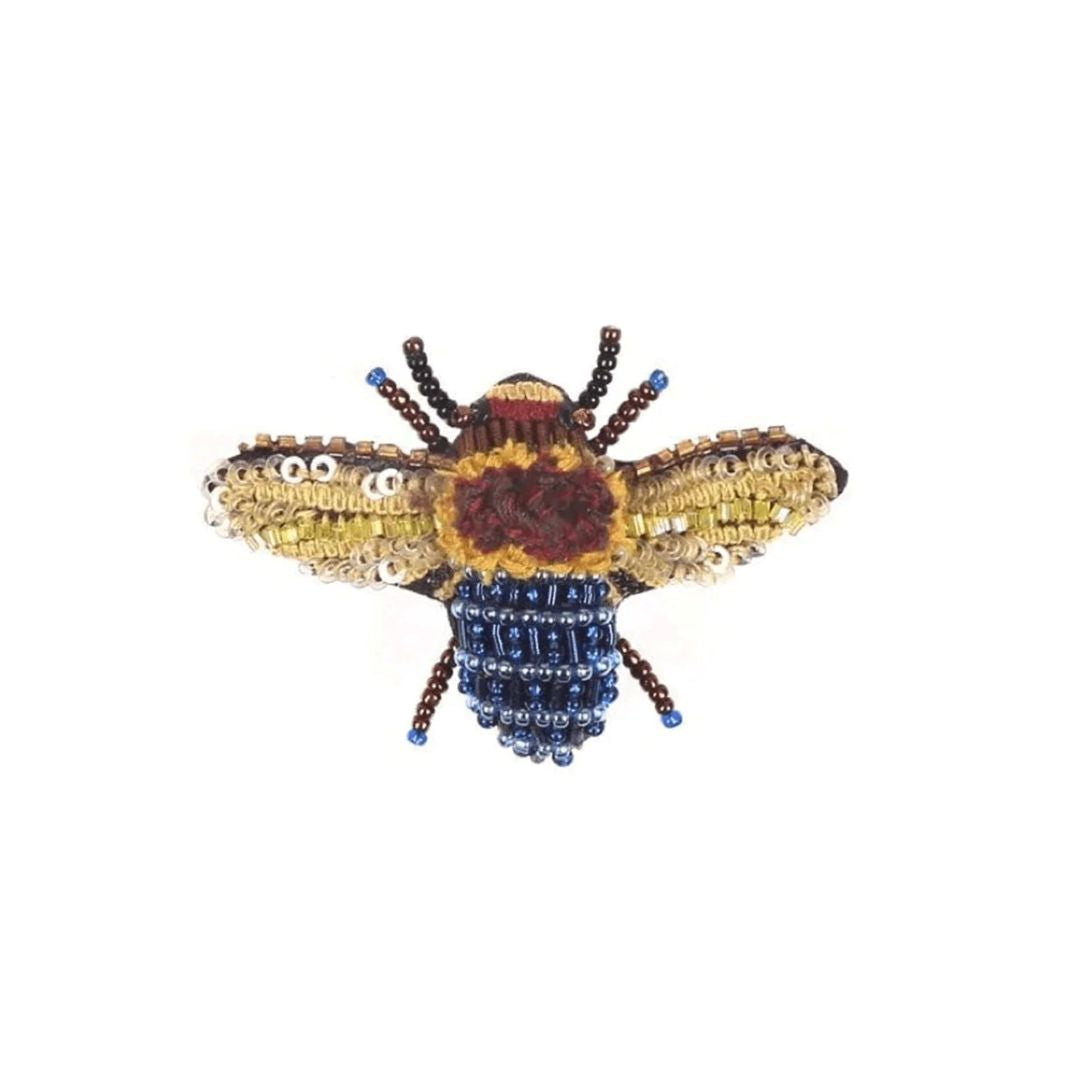 Trovelore | Blue Banded Bee Brooch small bee designed in blue, yellow and burgundy. Made from tiny beeds.