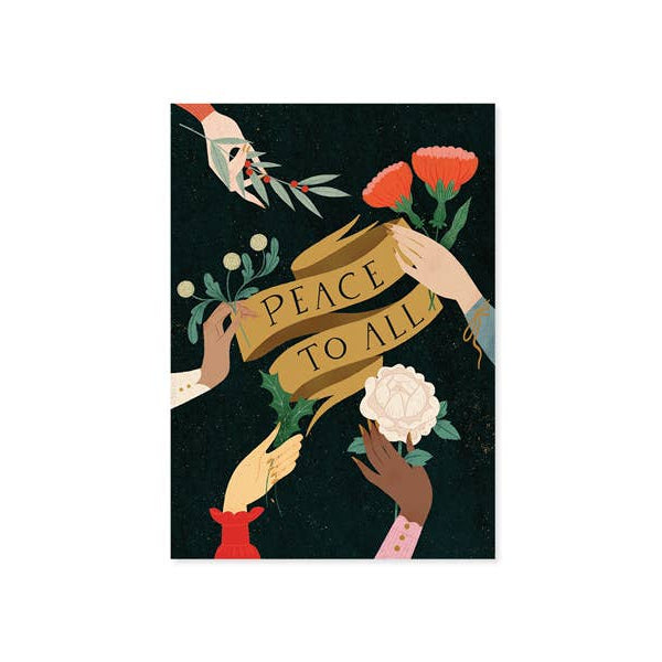 A square art card featuring multiple illustrated hands holding flowers and a gold ribbon that reads &