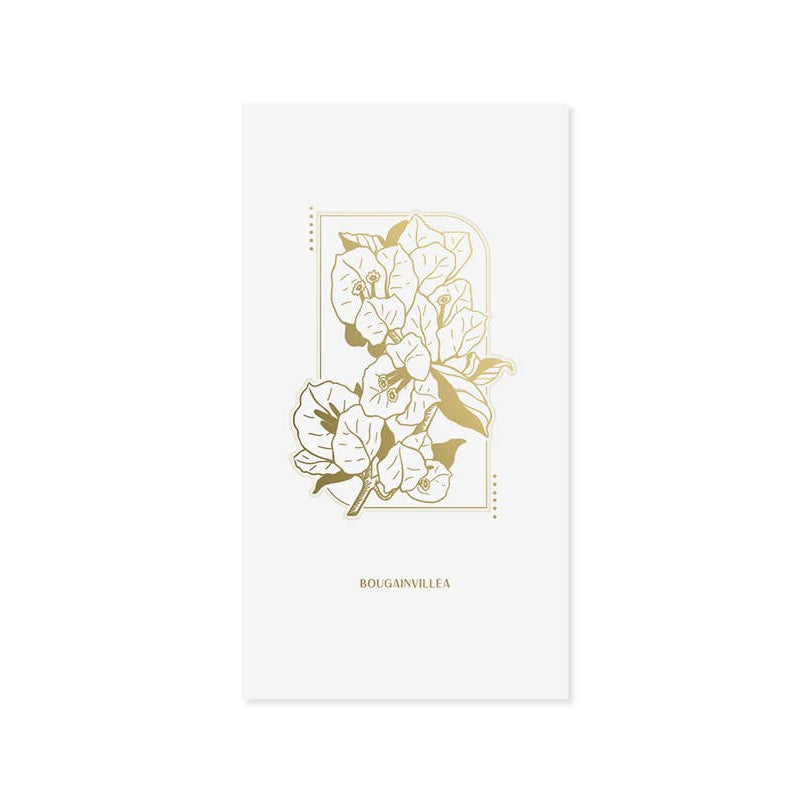 A white rectangular card or notebook cover featuring a gold foil floral illustration and the text 'BOUGANVILLE' centered near the bottom, shown against a plain white background.