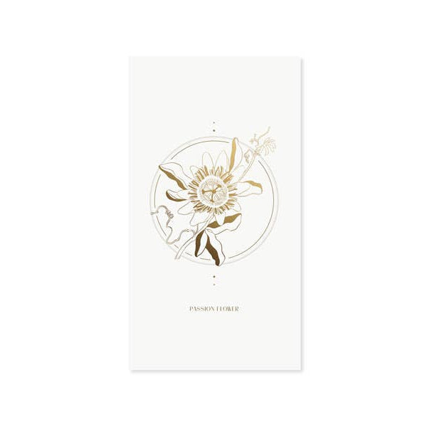A minimalist white rectangular card featuring a gold foil illustration of a passion flower in a circular frame, with the text &