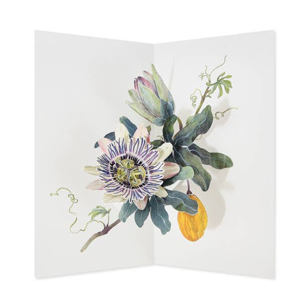 A botanical art card featuring a detailed illustration of a passion flower with green leaves, a purple and white bloom, and a yellow-orange fruit on a white background.