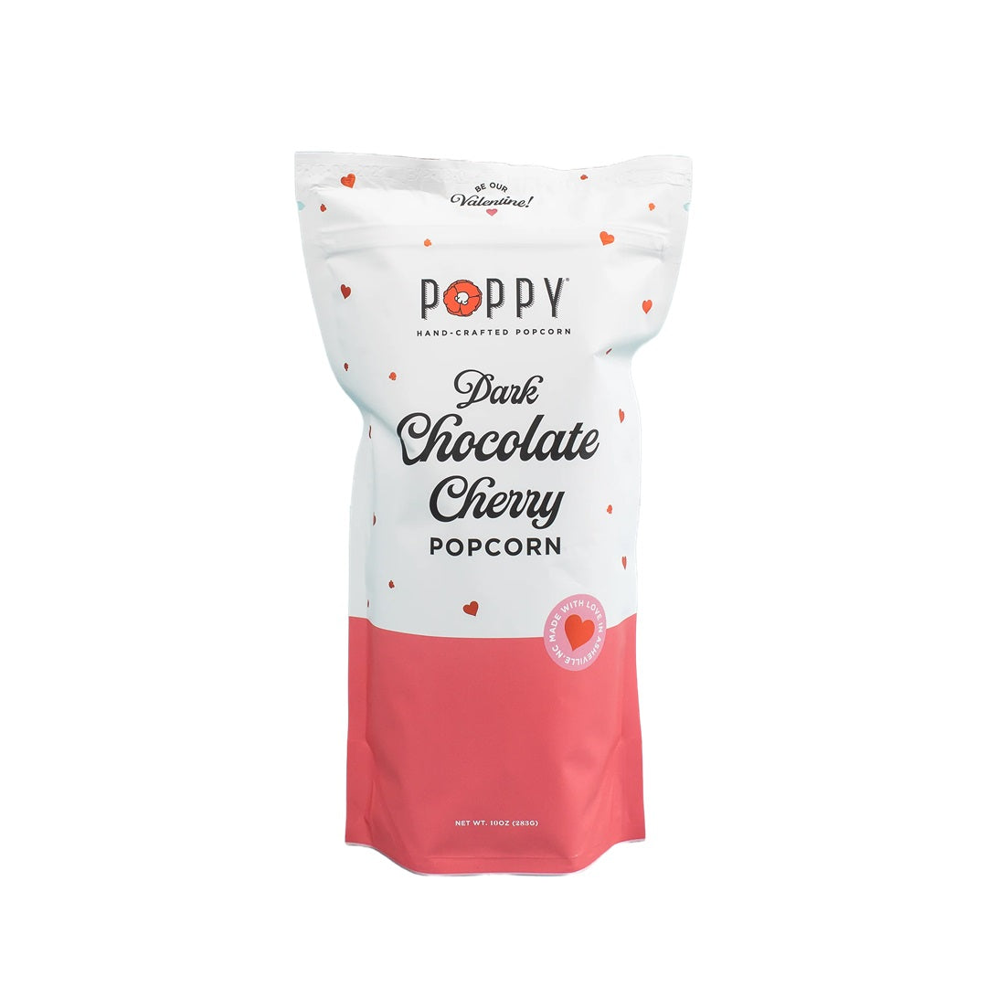 Poppy Handcrafted Popcorn | Dark chocolate cherry popcorn.