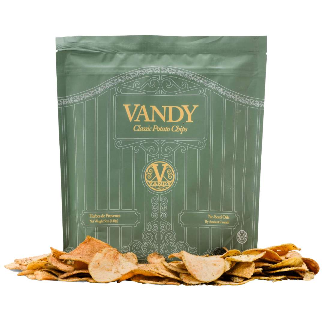 Vandy Classic Potato Chips | Green bag of Vandy potato chips with chips spilling out.