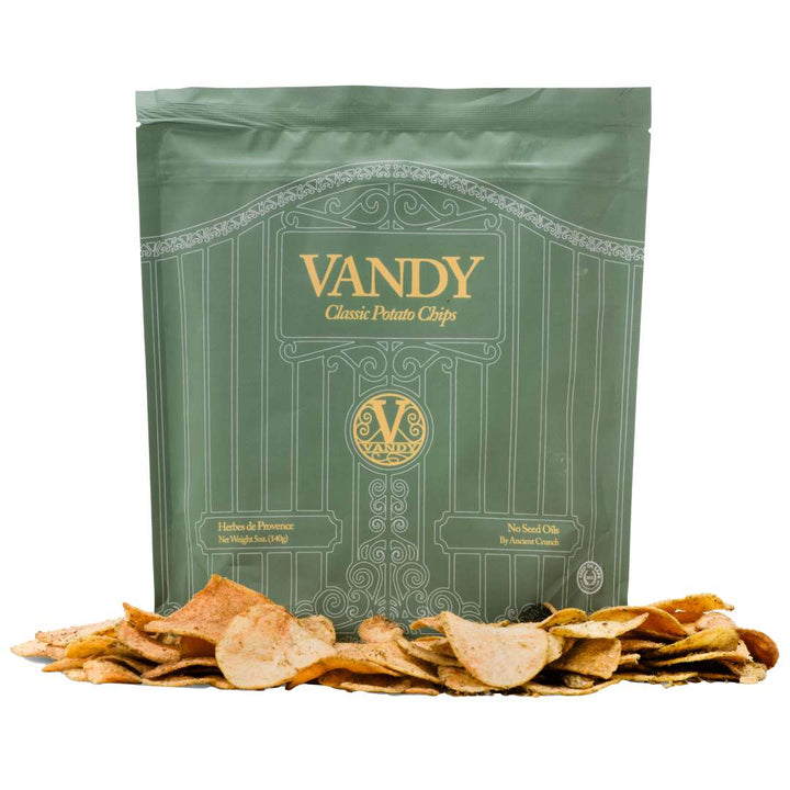 Vandy Classic Potato Chips | Green bag of Vandy potato chips with chips spilling out.