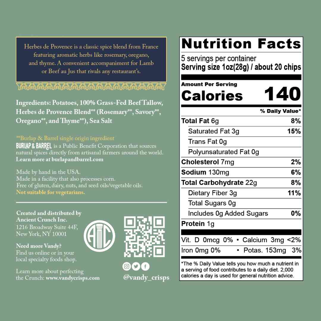 Vandy | Potato Chips | Nutrition label and ingredient list for a product on a green background