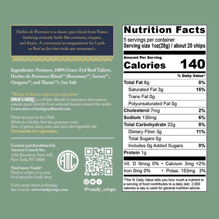 Vandy | Potato Chips | Nutrition label and ingredient list for a product on a green background