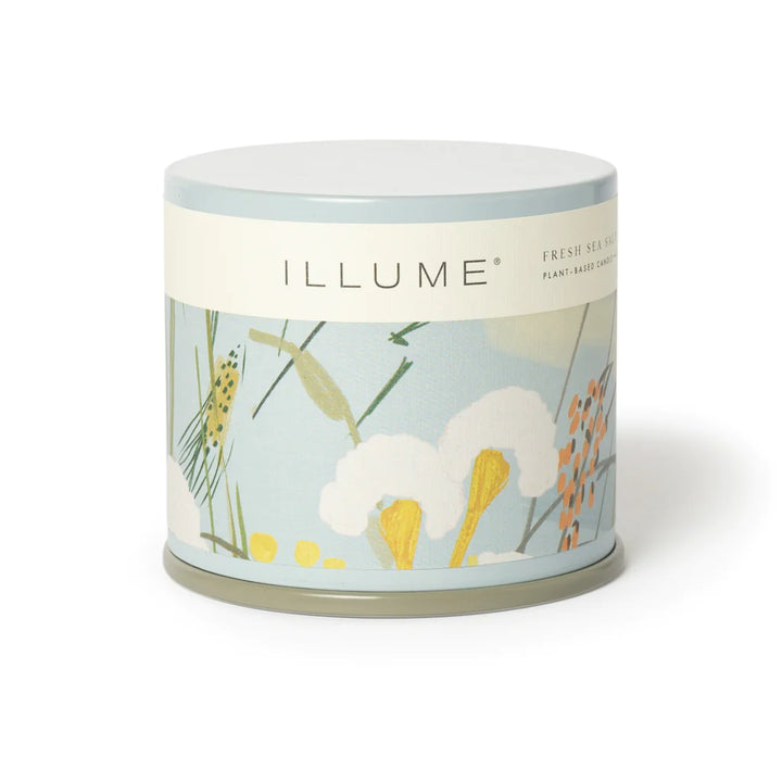 Vanity Tin Candle | Fresh Sea Salt | A light blue tin with art that suggests the seaside beach.