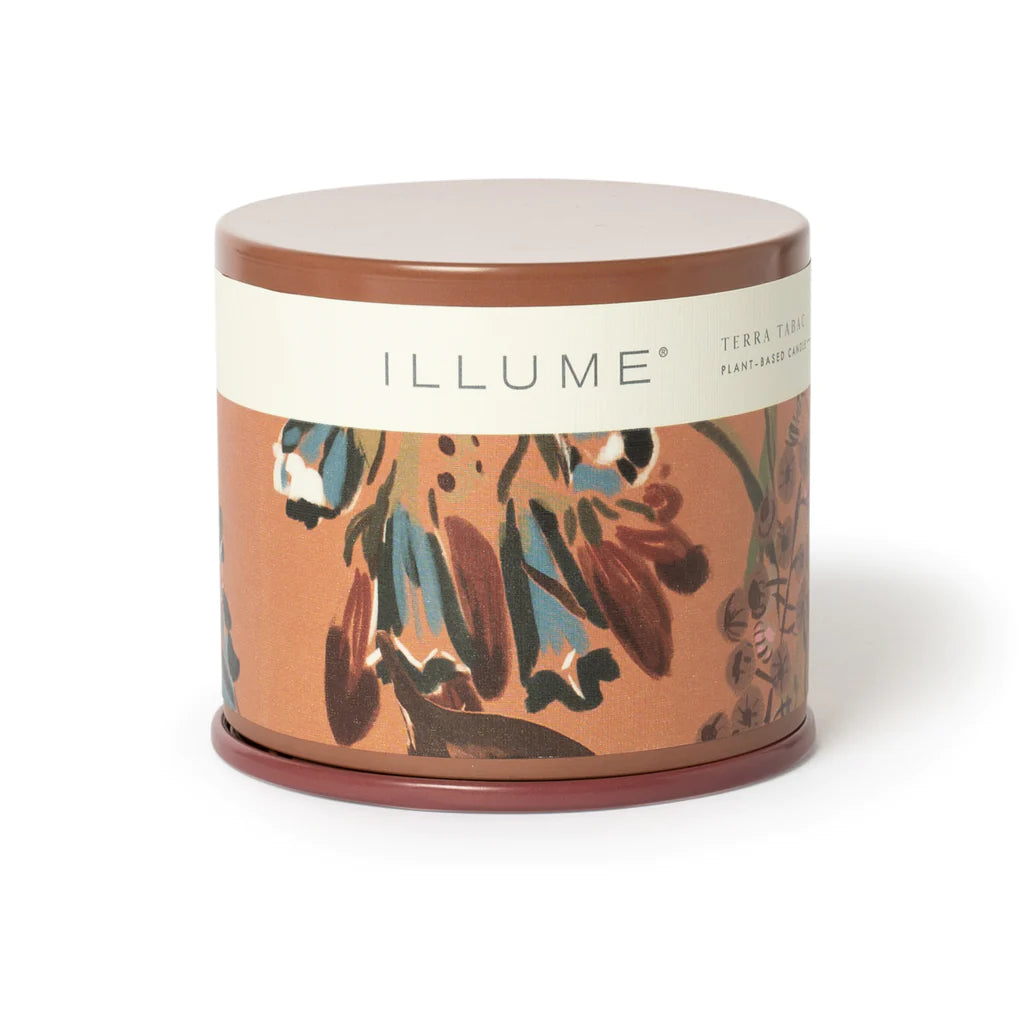 Vanity Tin Candle | Terra Tabac | An orange/burgundy tin with an abstract floral pattern.
