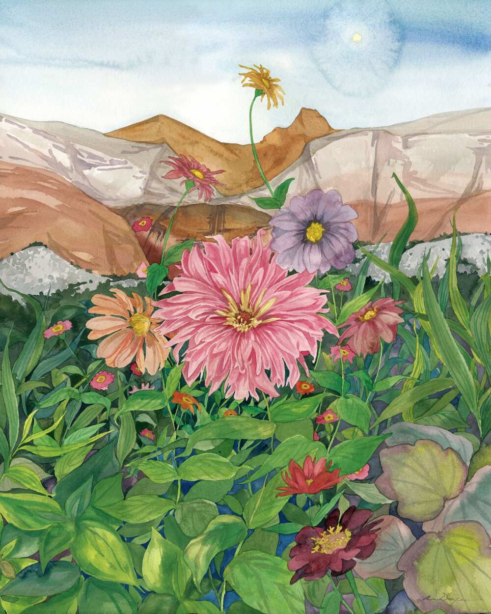 Andrea Durfee | Virgo watercolor illustration | Wild flowers against a rocky landscape.