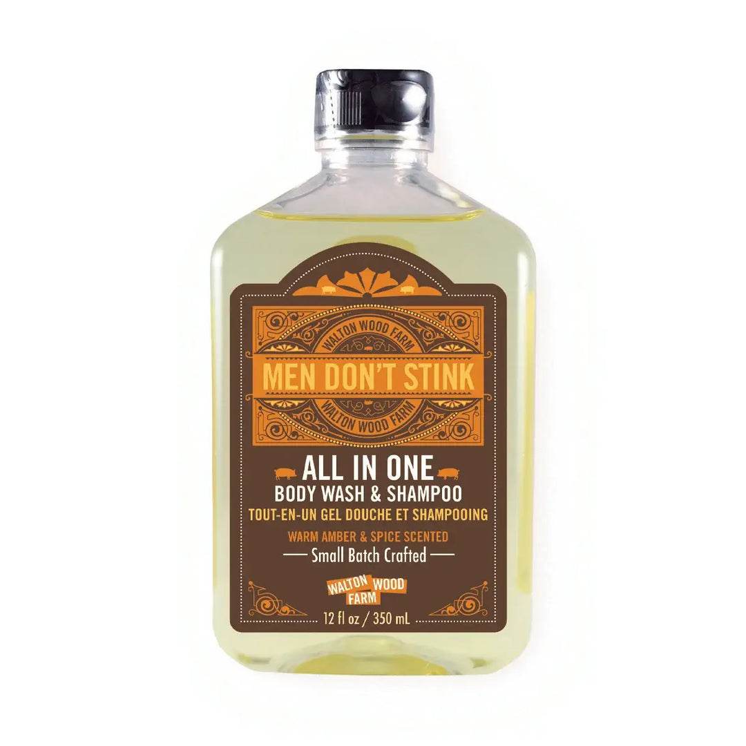 Walton Wood Farm | Men Don't Stink | All in one body wash and shampoo. Warm amber and spice scented, small batch crafted, 12fl oz