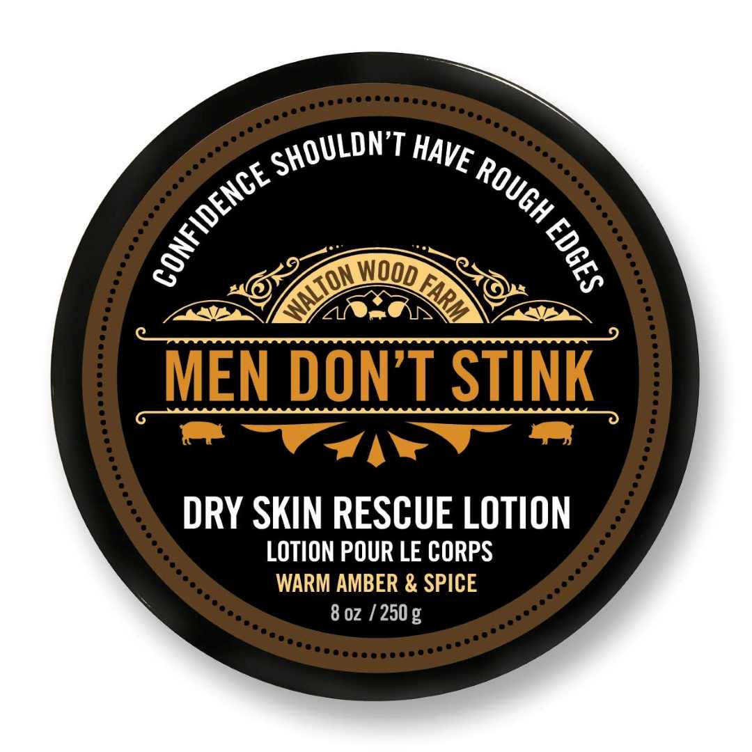 Walton Wood Farm | Men Don't Stink | Dry Skin Rescue Lotion. Warm amber & spice. Confidence shouldn't have rough edges.