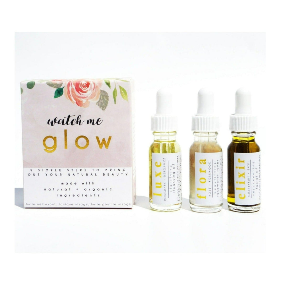 Watch Me Glow | Honey Belle | Watch Me Glow, 3 simple steps to bring out your natural beauty. Made with natural + organic ingredients. Photo shows the box and the bottles side by side.