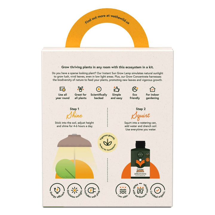 We The Wild | Plant Grow Lamp | Product packaging for a plant-growing kit with text and illustrations.