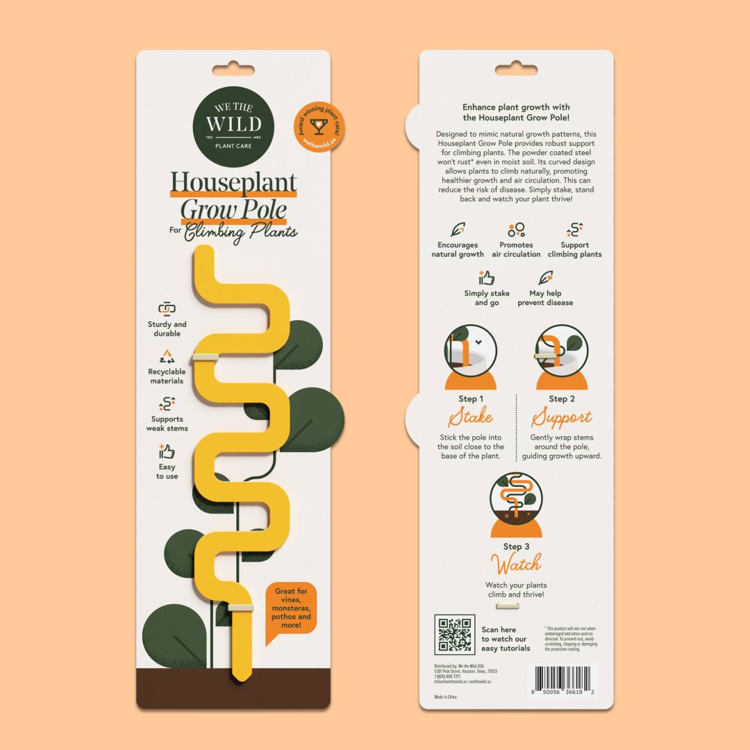 We The Wild | Houseplant Grow Pole packaging with text and illustrations on a peach background