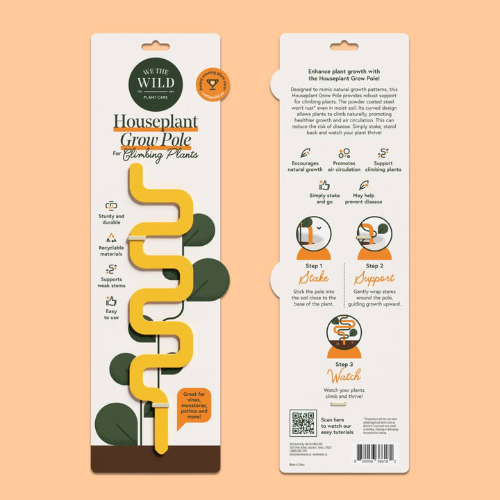 We The Wild | Houseplant Grow Pole packaging with text and illustrations on a peach background