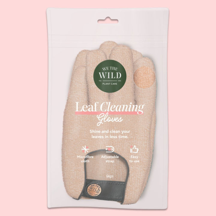 We The Wild | Leaf Cleaning Gloves | Pink microfibre cloth with an adjustable strap.