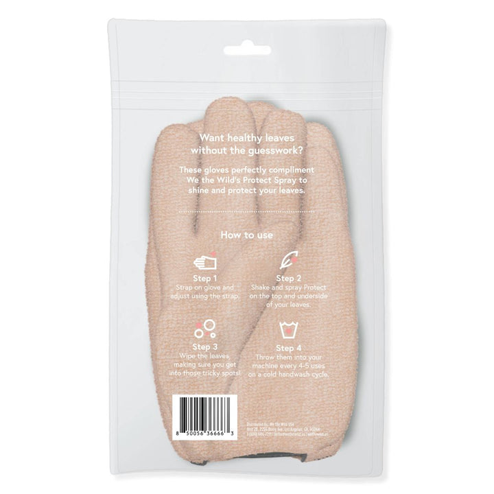 We The Wild | Pink Plant Dusting Gloves | Packaged gloves with instructions on a white background