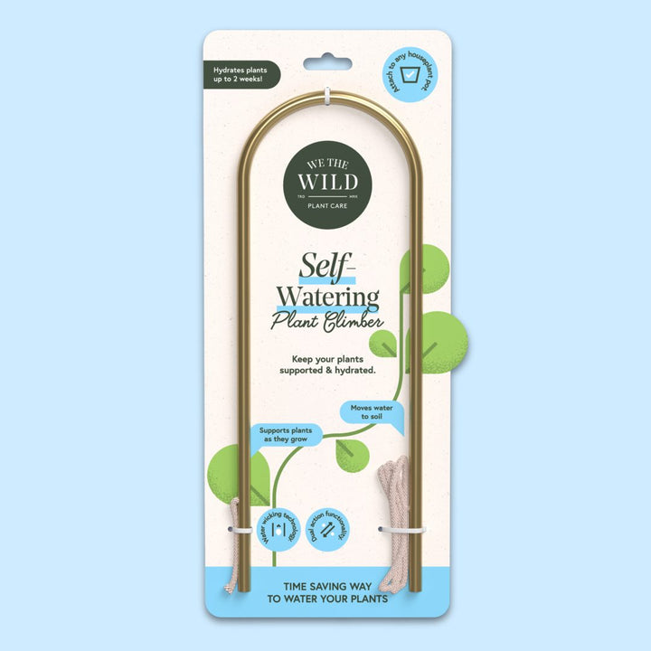 We The Wild | Self-watering plant climber packaging with brand logo on a light blue background