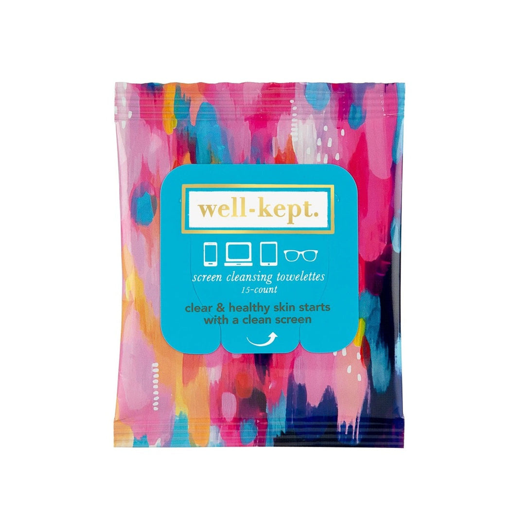 Screen Cleansing Towelettes | Well-Kept | A colorful painterly packaging with pink, blue, yellow, red, purple, and white. Text reads "Well-Kept. screen cleansing towelettes, 15-count, clear & healthy skin starts with a clean screen.