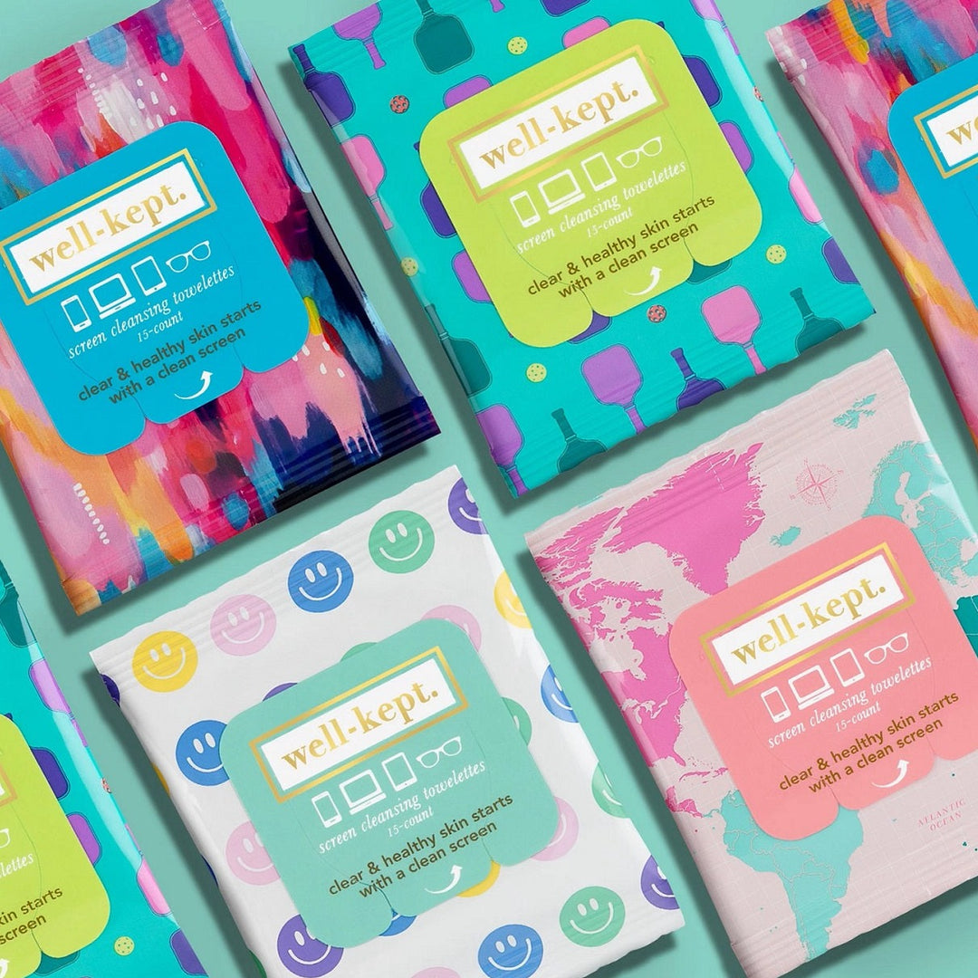 Screen Towelettes | Well-Kept | Colorful artistic packaging that reads "Well-Kept. screen cleansing towelettes, 15-count, clear & healthy skin starts with a clean screen."