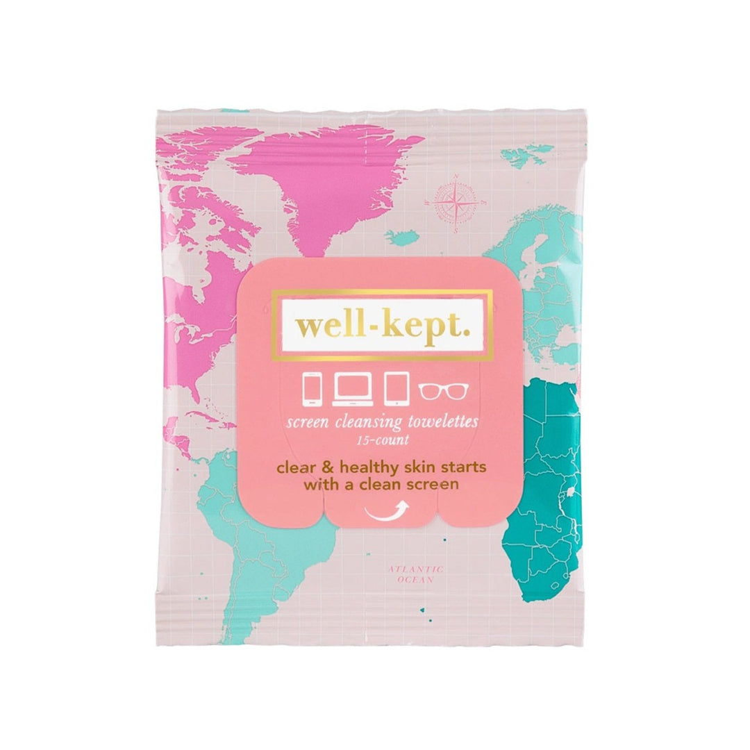 A light pink package with a globe pattern showing the continents in pink and teal. "Well-Kept. screen cleansing towelettes, 15-count, clear & healthy skin starts with a clean screen."