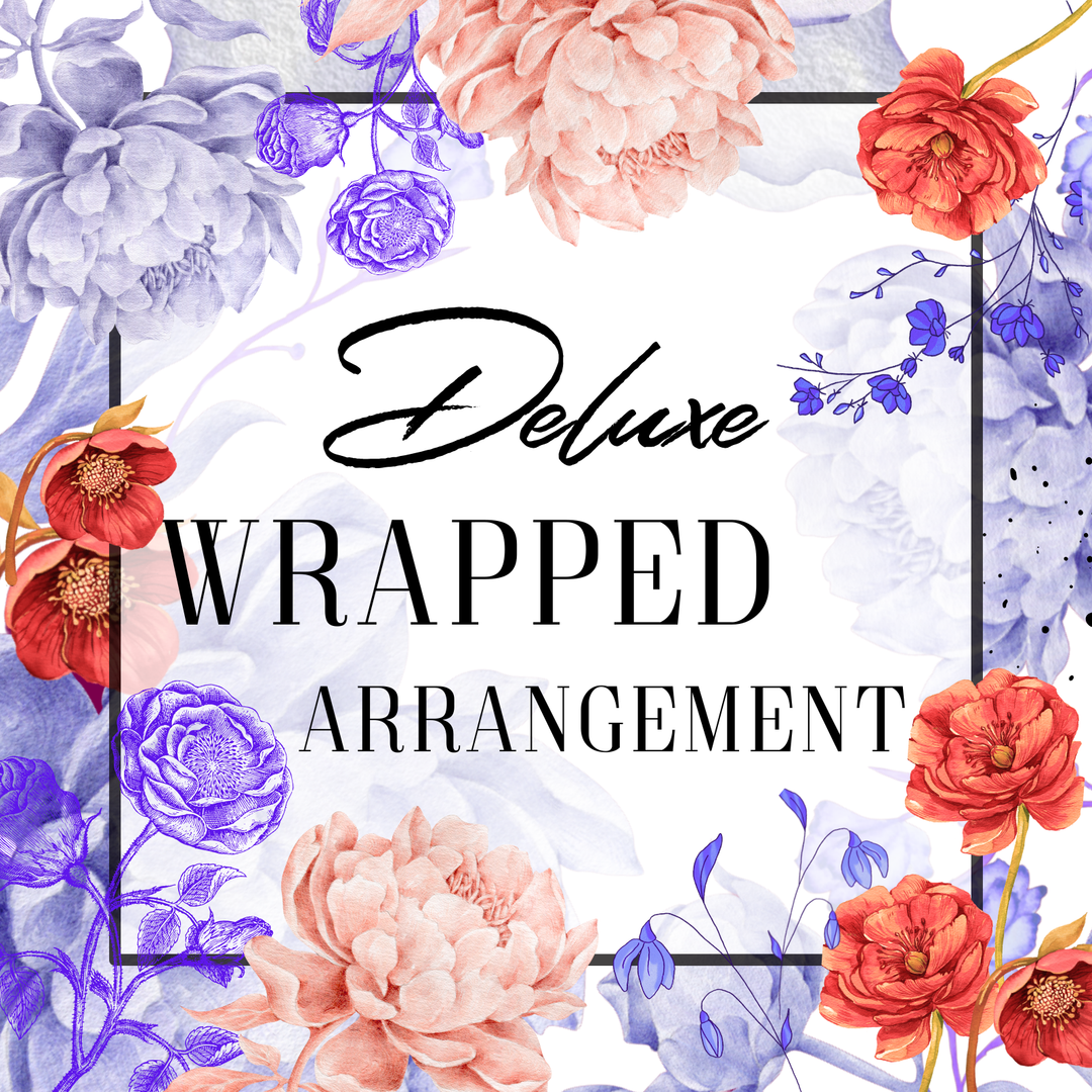 Floral arrangement with 'Deluxe Wrapped Arrangement' text in the center