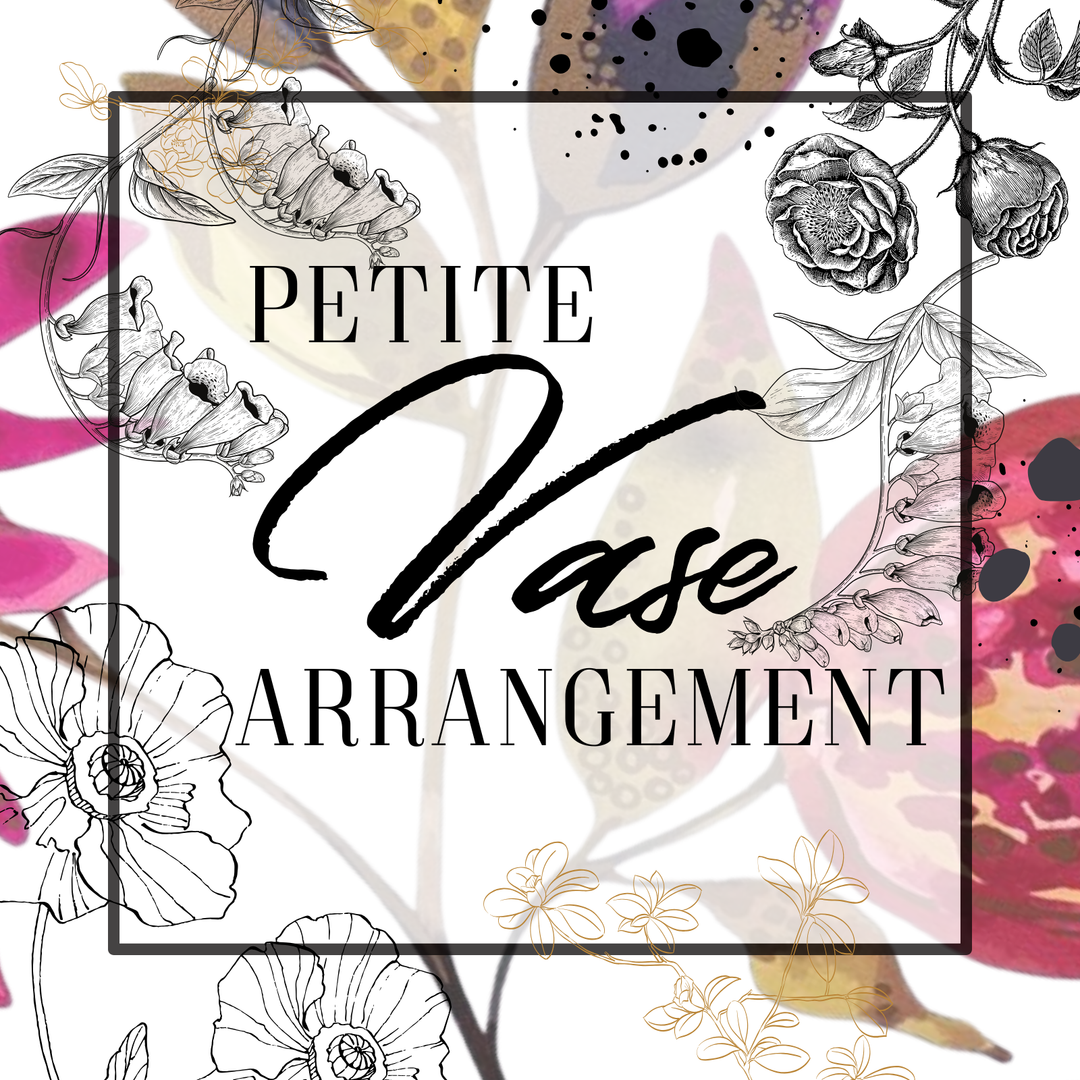 Decorative design with floral elements and 'Petite Vase Arrangement' text.