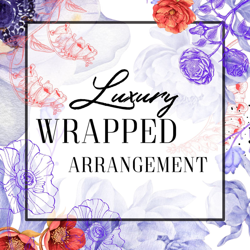 Decorative card with floral designs and 'Luxury Wrapped Arrangement' text.